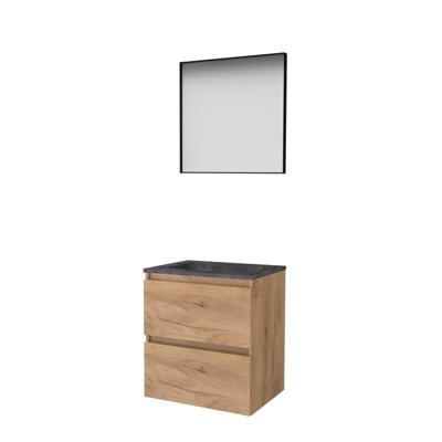 Basic-Line Framed 46 Badkamermeubelset - 60 x 46 cm - Greeploos - 2 Lades - Hardstenen Wastafel - 1 Kraangat - Spiegel met Zwart Aluminium Frame - Whisky Oak