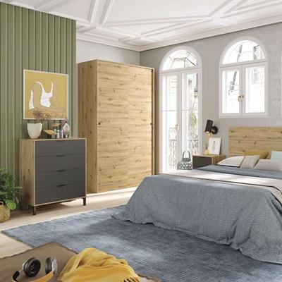 CALICOSY - Ladekast met 4 laden met noestige eik en antracietgrijs decor - L77,5 cm - Licht hout