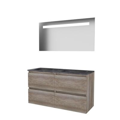 Basic-Line Economic 46 Badkamermeubelset - 120 x 46 cm - Greeploos - 4 Lades - Hardstenen Wastafel - 2 Kraangaten - Spiegel met LED Verlichting - Scotch Oak