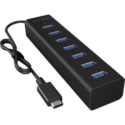 ICY BOX IB-Hub1700-C3 7x USB Type-C Hub met 7x USB 3.0 (Type-A) poorten en voeding, geïntegreerde kabel, aluminium, zwart