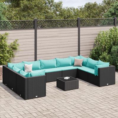 10-delige Loungeset met kussens poly rattan zwart