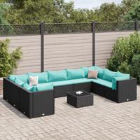 10-delige Loungeset met kussens poly rattan zwart - thumbnail