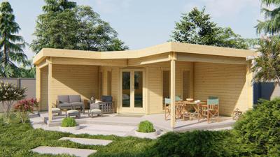 Tuindeco Bridgend Hoekblokhut met overkapping 380+298x380+298 cm 70 mm vuren blank- Plat dak- Onbehandeld vurenhout- Tuindeco