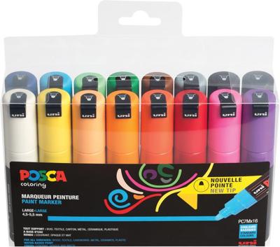 Uni POSCA paintmarker PC-7M, 4,5 - 5,5 mm, etui van 16 stuks in geassorteerde kleuren