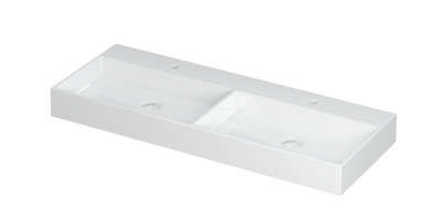 INK United Wastafel Porselein Dubbel met 2 Kraangaten incl. Porseleinen Click Plug en Verborgen Overloop Systeem - 1200x450x110 mm - Glans Wit