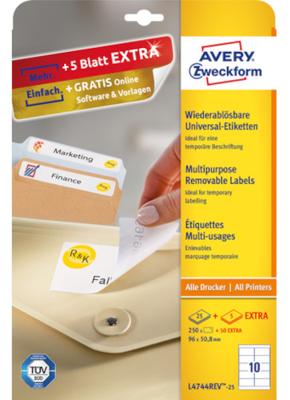 Avery afneembare witte etiketten Stick & Lift ft 96 x 50,8 mm, 250 stuks, 10 per blad Avery afneembare witte etiketten Stick & Lift ft 96 x 50,8 mm, 250 stuks, 10 per blad