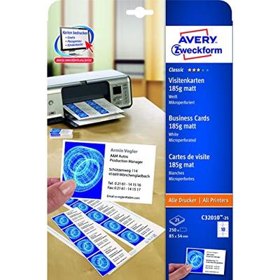 Avery-Zweckform C32010-25 Bedrukbare visitekaarten 85 x 54 mm Wit 250 stuk(s) Papierformaat: DIN A4