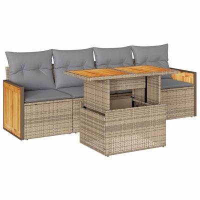 5-delige Loungeset met kussens poly rattan en acaciahout beige