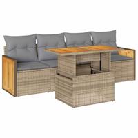 5-delige Loungeset met kussens poly rattan en acaciahout beige - thumbnail
