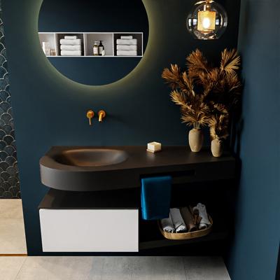 MONDIAZ RIVA 120cm badmeubel onderkast / planchet kleur Talc met 1 lade. Wastafel DULCET links 0 kraangaten kleur Urban.
