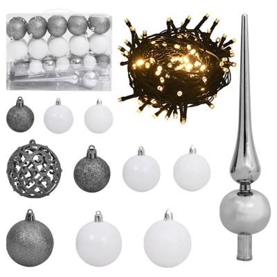 VidaXL 61-delige kerstballenset met piek en 150 led&apos;s wit en grijs