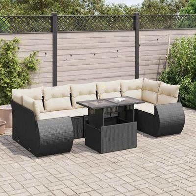 8-delige Loungeset met kussens poly rattan zwart - thumbnail