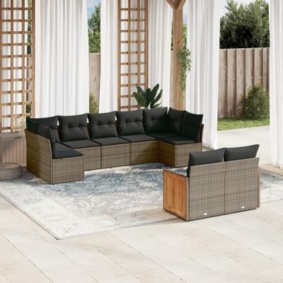 10-delige Loungeset met kussens poly rattan grijs