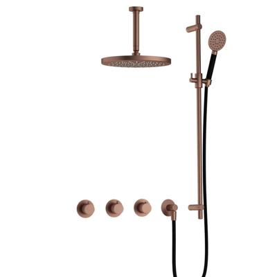 Hotbath Cobber - CB7067 - Inbouw Regendoucheset - Geborsteld Koper PVD - 2 Stopkranen - Thermostatisch - Plafondbuis 15 cm - Hoofddouche 300 mm - Ronde Handdouche 3 Standen - met M106 - Waterbesparend - V02