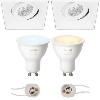 GU10 Inbouwspot Set - Mat Wit - Inbouw Vierkant - Trimless - Kantelbaar - Philips Hue - White Ambiance - Bluetooth - Pragmi Nivas Pro - 150mm