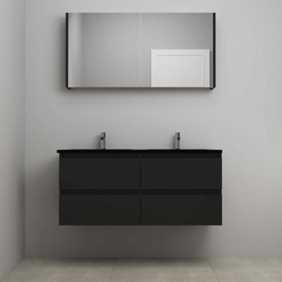 On-Line Badkamermeubelset - 120 cm - Voorgemonteerd - Ladestructuur - Acryl Wastafel - 2 Kraangaten - Spiegelkast - Mat Zwart