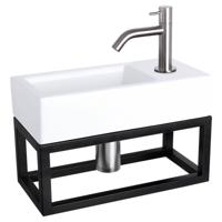 Fonteinset Differnz Ravo Keramiek Met Handoekrek 38.5x18.5x9 cm Wit Met Gebogen Kraan Mat Chroom Differnz - thumbnail