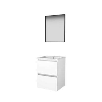 Basic-Line Framed 46 Badkamermeubelset - 50 x 46 cm - Greeploos - 2 Lades - Keramische Wastafel - 1 Kraangat - Spiegel met Zwart Aluminium Frame - Ice White