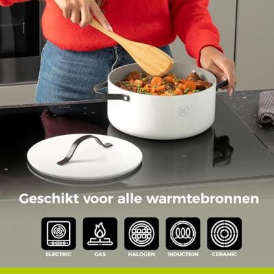 BE Living Braadpan met deksel ø 24 cm - keramische anti-aanbaklaag - geschikt voor alle warmtebronnen - wit