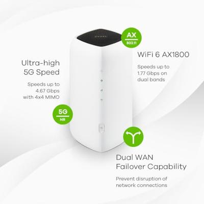 Zyxel 5G NR 4,67 Gbps Indoor Router | AX1800 WiFi 6 Router | Nebula Cloud Management | WiFi delen met 64 apparaten | Dual WAN failover | Gigabit LAN-poorten [Nebula FWA505]