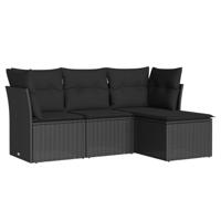 4-delige Loungeset met kussens poly rattan zwart - thumbnail
