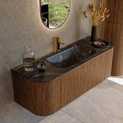 Mondiaz KURVE-DLUX 130 cm Onderkast Greeploos 1 Lade Met Deuren Walnut, Wastafel Solid Surface Midden Lava 1 Kraangat Zonder Spiegel (KRVBGS130L+R1L2D1KM-Wal/Lav)