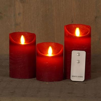 3ST KAARS BORDEAUX WAX RUSTIEK BEWEGENDE VLAM 7,5X10/12,5/15CM AFSTANDSBEDIENING 3X3AAA - Annas collection