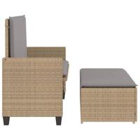 Tuinbank met kussens en voetenbank poly rattan beige - thumbnail