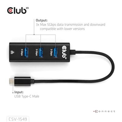 club3D USB-C Adapter [1x USB-C stekker - 4x USB 3.2 Gen 1 bus intern 19-polig (USB 3.0), RJ45-bus] CSV-1549 0.17 m