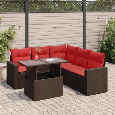6-delige Loungeset met kussens poly rattan acacia bruin