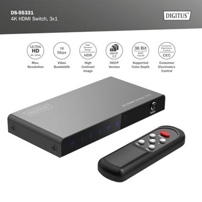 Digitus DS-55331 HDMI-switch 3 + 1 poorten LED-weergave, Met afstandsbediening, Ultra HD-geschikt, Met metalen behuizing, Individueel schakelbaar, Met Digitus DS-55331 HDMI-switch 3 + 1 poorten LED-weergave, Met afstandsbediening, Ultra HD-geschikt, Met metalen behuizing, Individueel schakelbaar, Met