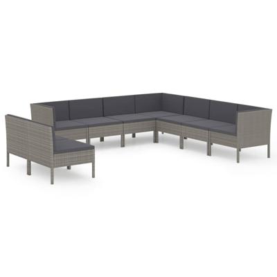 9-delige Loungeset met kussens poly rattan grijs