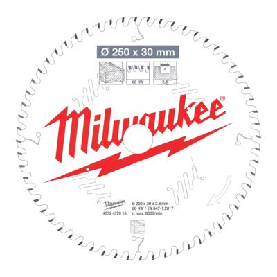 Milwaukee Cirkelzaagblad voor Hout | Ø 250mm Asgat 30mm 60T - 4932472016