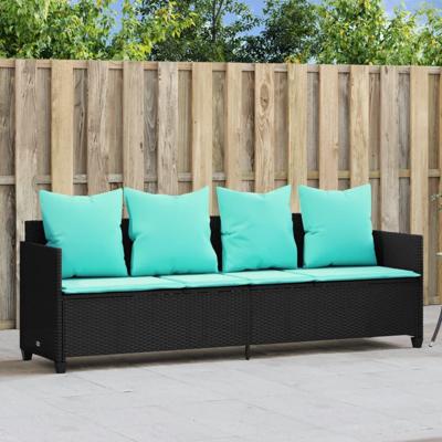 Ligbed met kussens poly rattan zwart