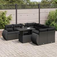 9-delige Loungeset met kussens poly rattan zwart - thumbnail