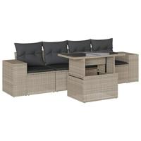 5-delige Loungeset met kussens poly rattan lichtgrijs - thumbnail