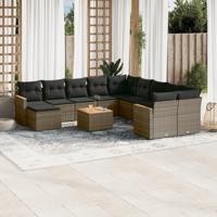 12-delige Loungeset met kussens poly rattan grijs - thumbnail