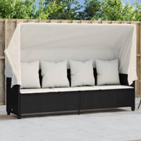 Ligbed met luifel en kussens poly rattan zwart - thumbnail