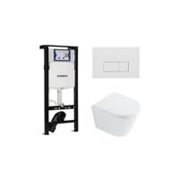 QeramiQ Dely Toiletset - 36.3x51.7cm - diepspoel - rimless - Inbouwreservoir met Geberit UP320 spoelmechanisme - softclose toilet zitting 35 mm - mat witte bedieningsplaat - rechthoekige knoppen - wit glans SW1026255 / SW1159505/SW1381697/SW706191 - thumbnail