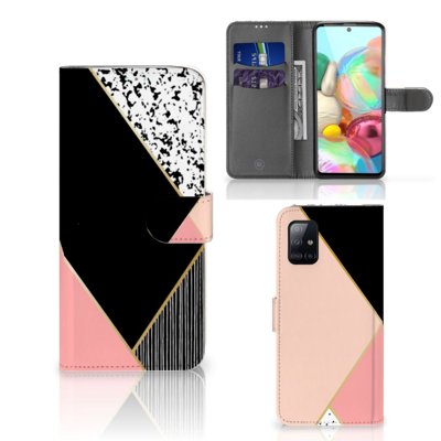 Samsung Galaxy A71 Book Case Zwart Roze Vormen Samsung Galaxy A71 Book Case Zwart Roze Vormen