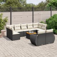 10-delige Loungeset met kussens poly rattan zwart - thumbnail