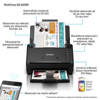 Epson WorkForce ES-500WII Paginascanner 600 x 600 DPI A6 Zwart Epson WorkForce ES-500WII Paginascanner 600 x 600 DPI A6 Zwart