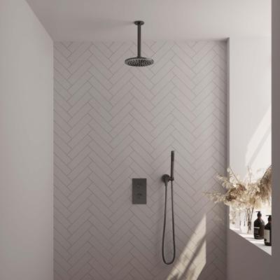 Regendoucheset Inbouw Brauer Gunmetal Carving Thermostatisch 20 cm met 3-Weg Omstelling, Plafondarm en Staaf Handdouche Geborsteld Gunmetal Brauer