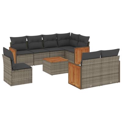 8-delige Loungeset met kussens poly rattan grijs
