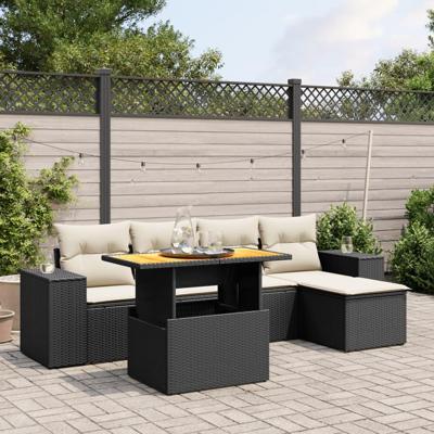 6-delige Loungeset met kussens poly rattan zwart