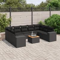 10-delige Loungeset met kussens poly rattan zwart - thumbnail