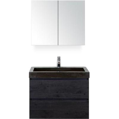 Maxx XL Badmeubelset 80 cm - Black Oak - Wastafel Lucca 1 Kraangat met Spiegelkast