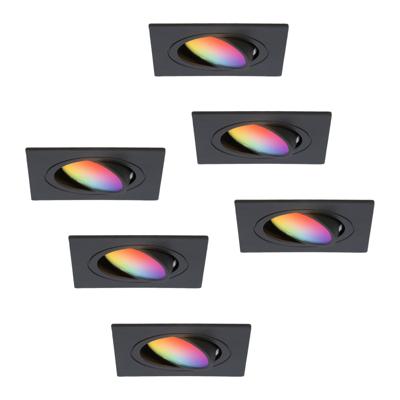Set van 6 Mallorca - LED inbouwspot - IP20 - Kantelbaar - 5,5 Watt 345 Lumen - Wifi + Bluetooth - RGBWW - GU10 - Google Home, Amazon Alexa en Siri - Vierkant - Voor binnen - Zwart