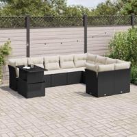 10-delige Loungeset met kussens poly rattan zwart - thumbnail