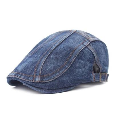 Mannen/vrouwen stiksels gewassen denim baret grootte: verstelbaar (donkerblauw)